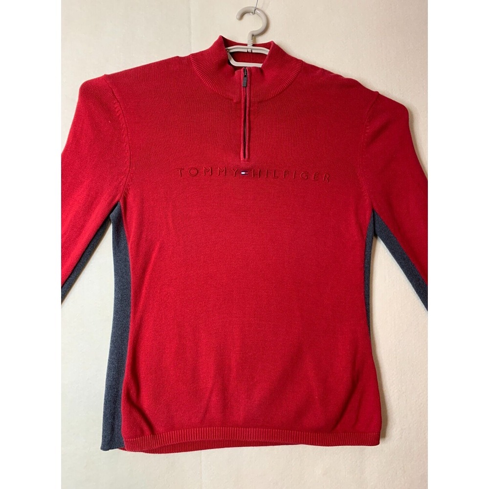Tommy Hilfiger Pullover Knit Sweater 1/4 Zip Long Sleeve Large Red Mock Neck L - Picture 4 of 9